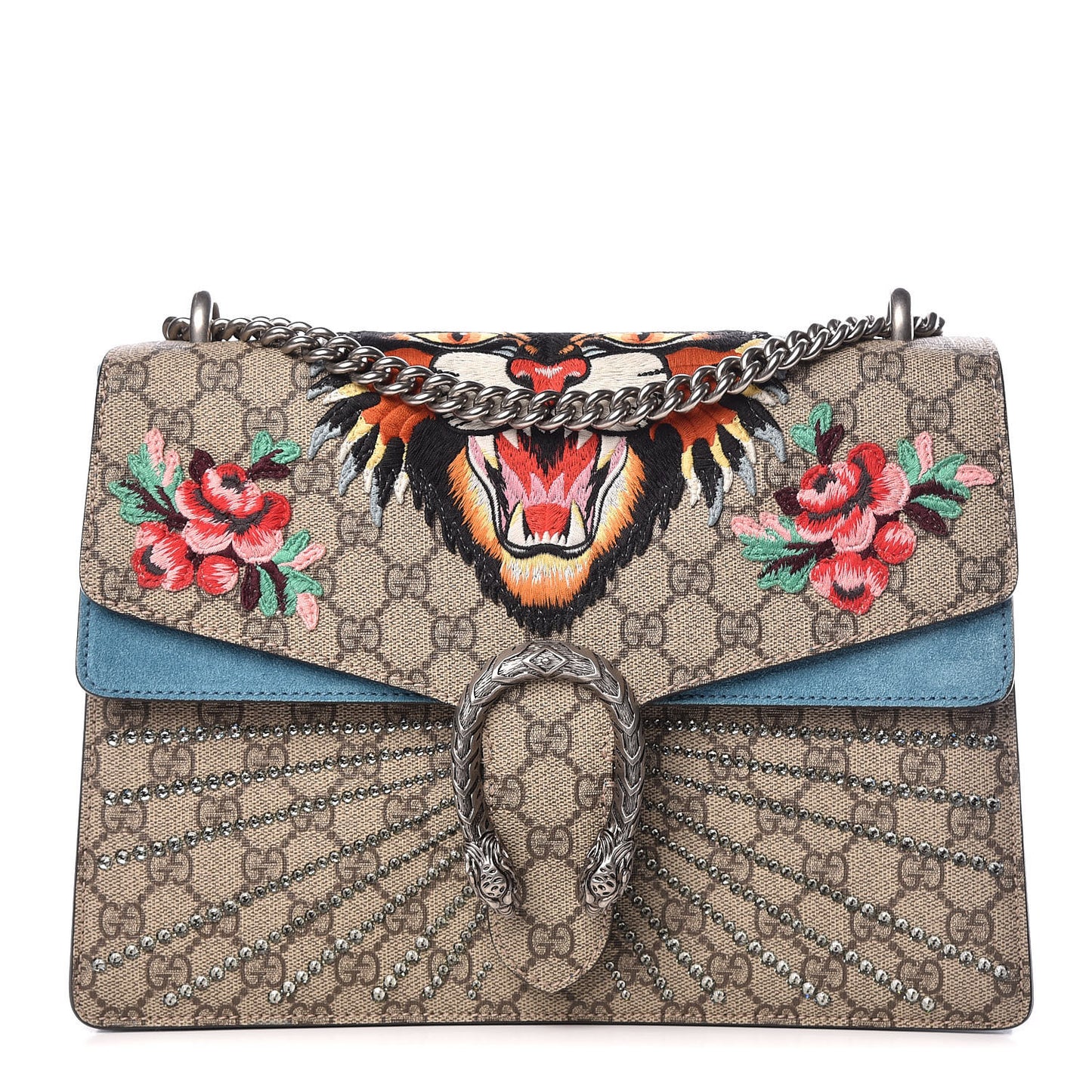 GG Supreme Monogram Angry Cat Embroidered Medium Dionysus Shoulder Bag Beige Ultramarine