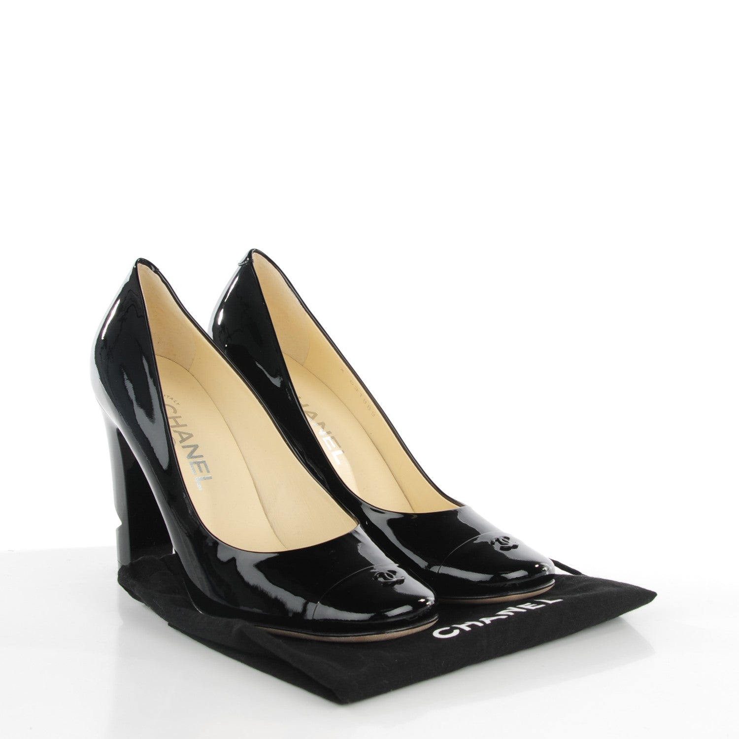 Chanel Patent Pearl Cap Toe Pumps 39.5 Black 2 of 9