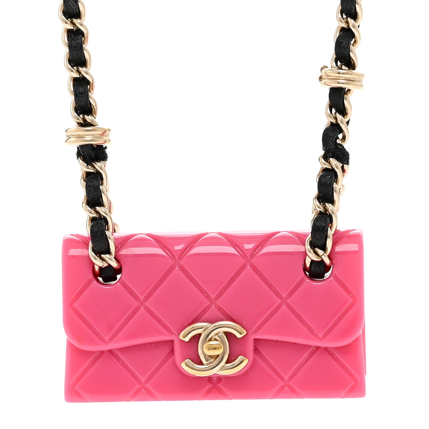 Chanel Metal Resin Lambskin Flap Bag Long Necklace Golden Pink Black 4 of 5