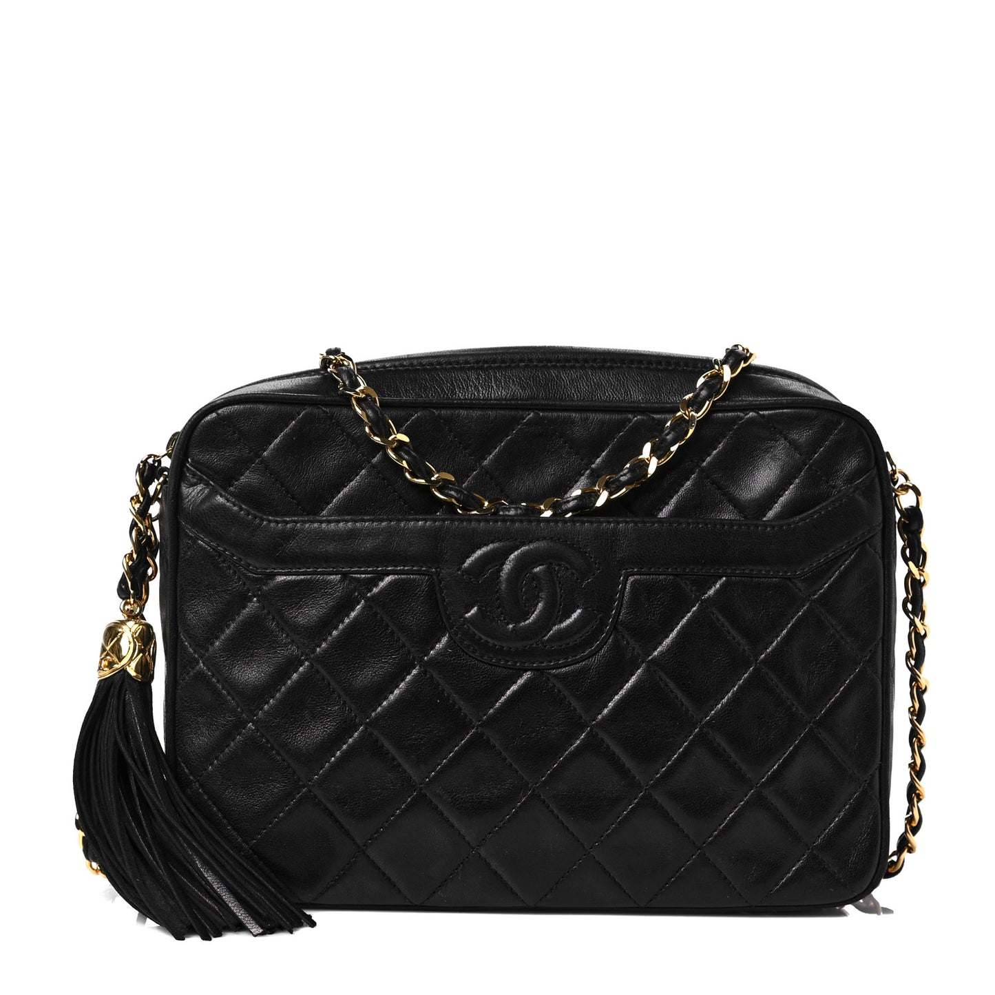Lambskin Quilted CC Tassel Camera Case Black
