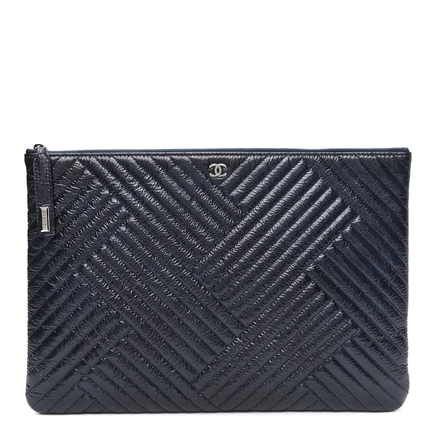 Distressed Patent Chevron Quilted Medium CC Crossing Cosmetic Case Navy
