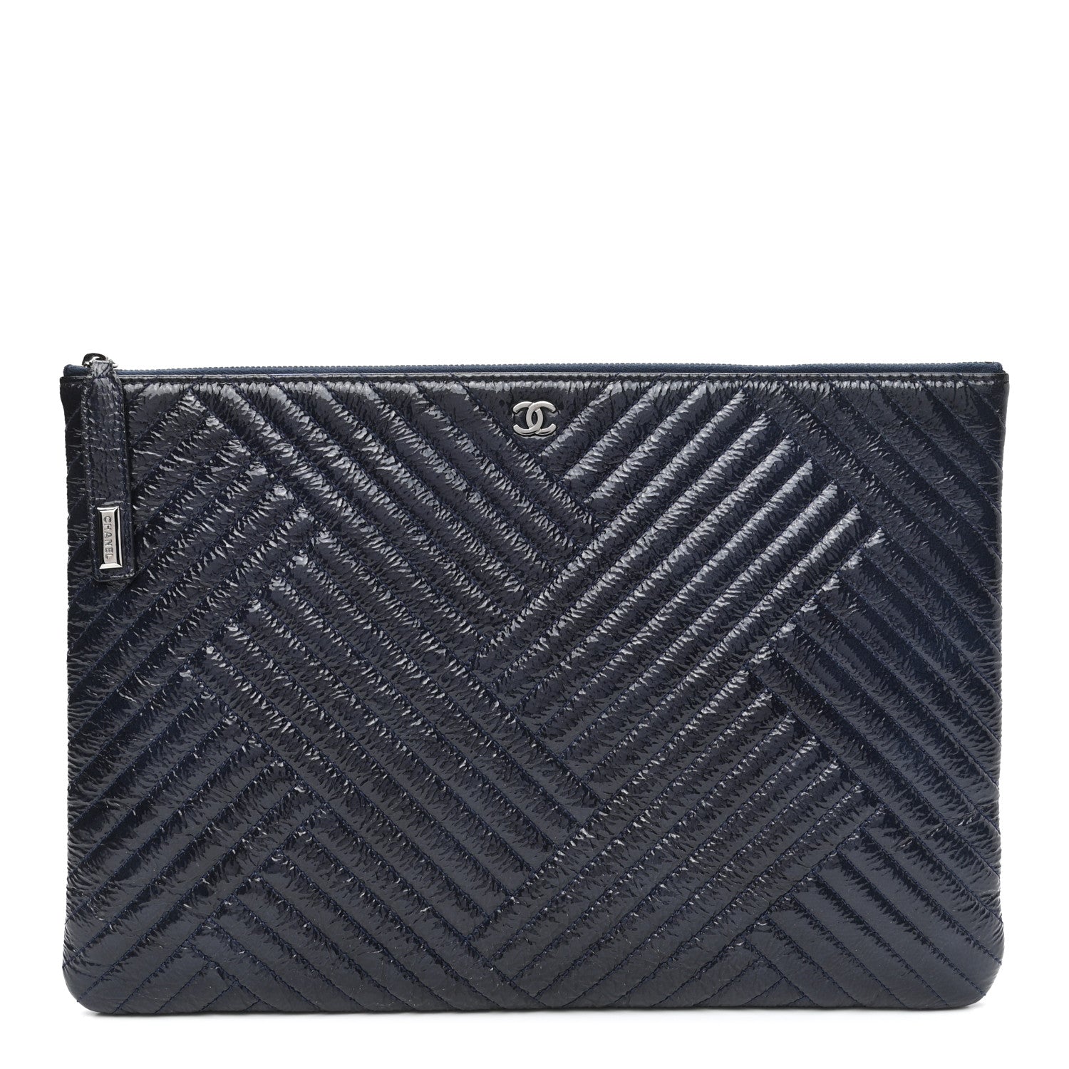 Chanel Distressed Patent Chevron Quilted Medium CC Crossing Cosmetic Case Navy 1 of 8