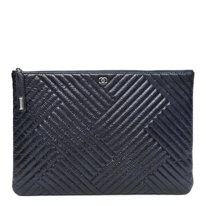 Chanel Distressed Patent Chevron Quilted Medium CC Crossing Cosmetic Case Navy 1 of 8