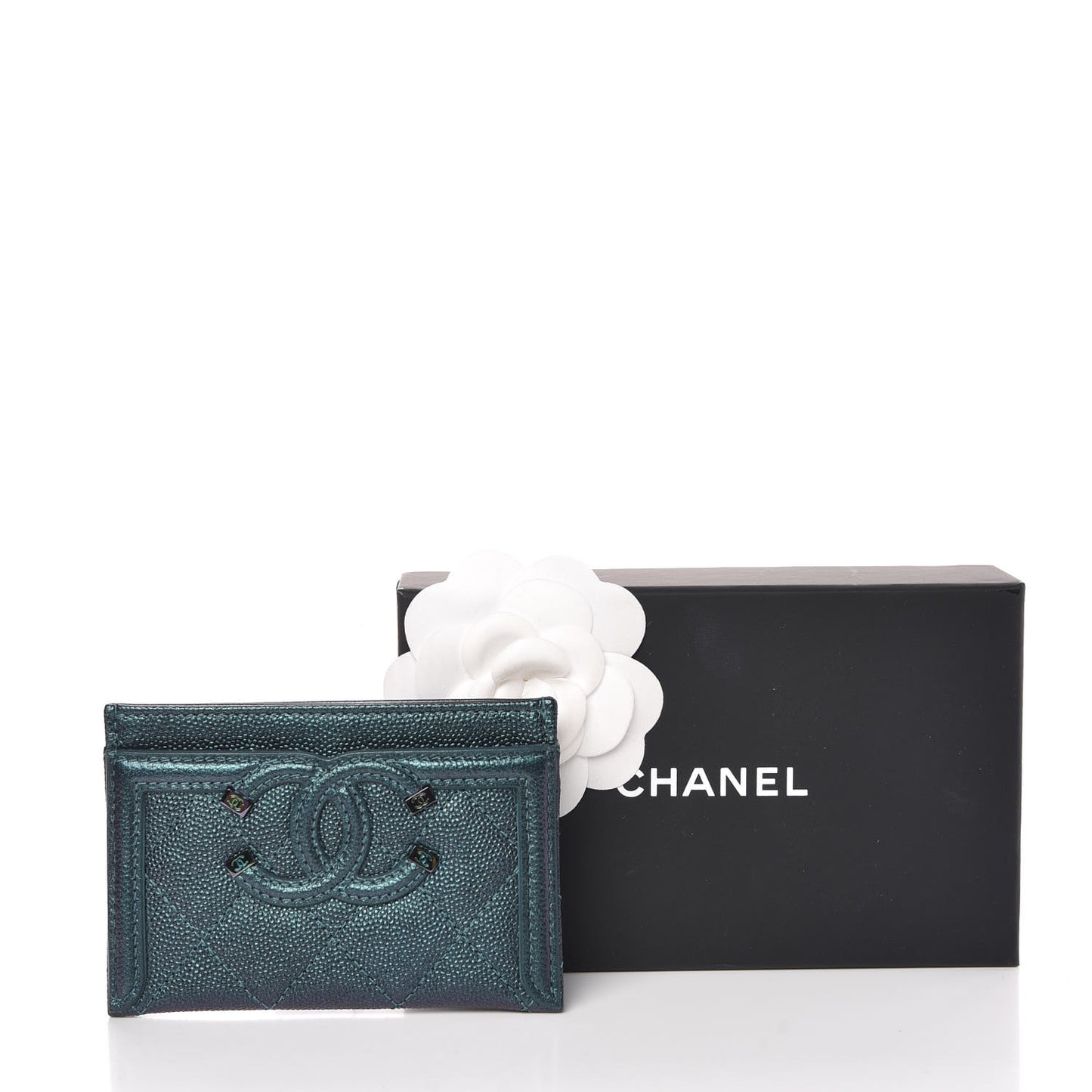 Iridescent Caviar Quilted Filigree Card Holder Dark Turquoise