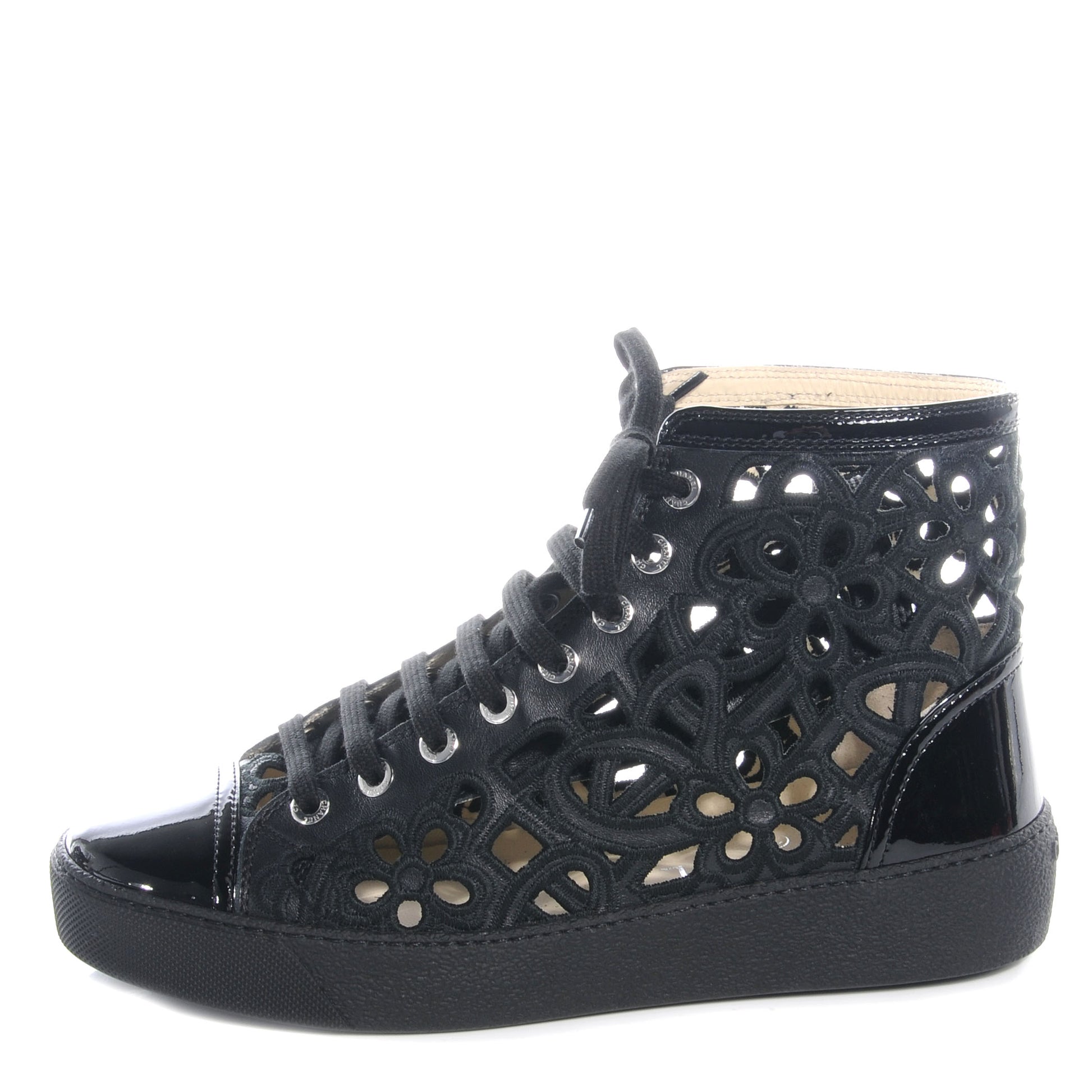 Chanel Patent Grained Goatskin Hollow Out Flower Sneakers 36.5 Black 1 of 9