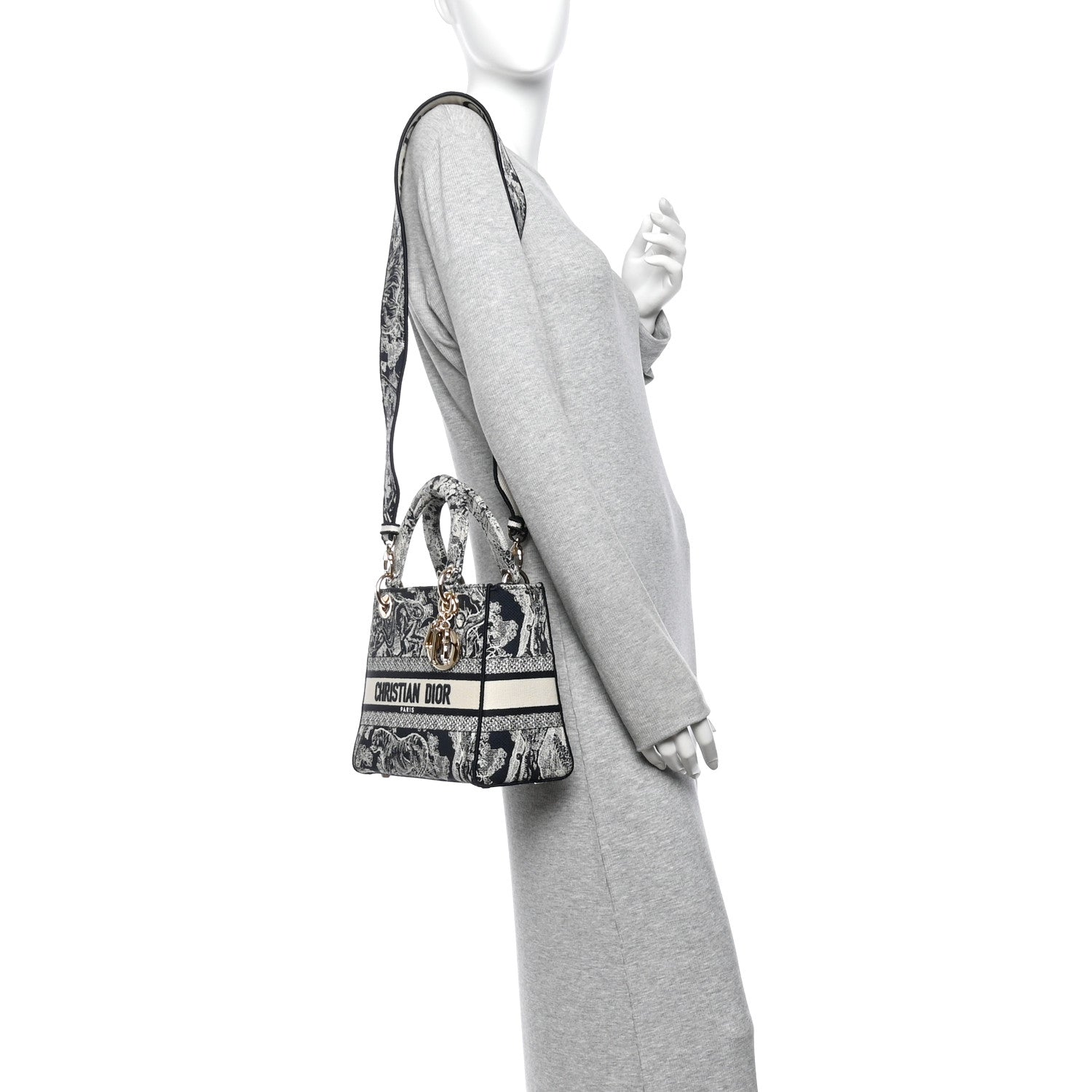 Christian Dior Canvas Toile De Jouy Reverse Embroidered Medium Lady D-Lite Navy 2 of 10