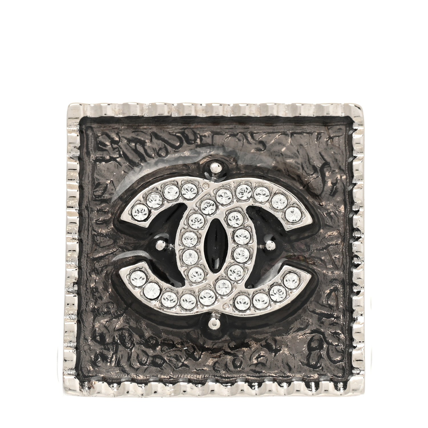 Chanel Metal Crystal CC Ring 55 7.25 Black Silver 1 of 4