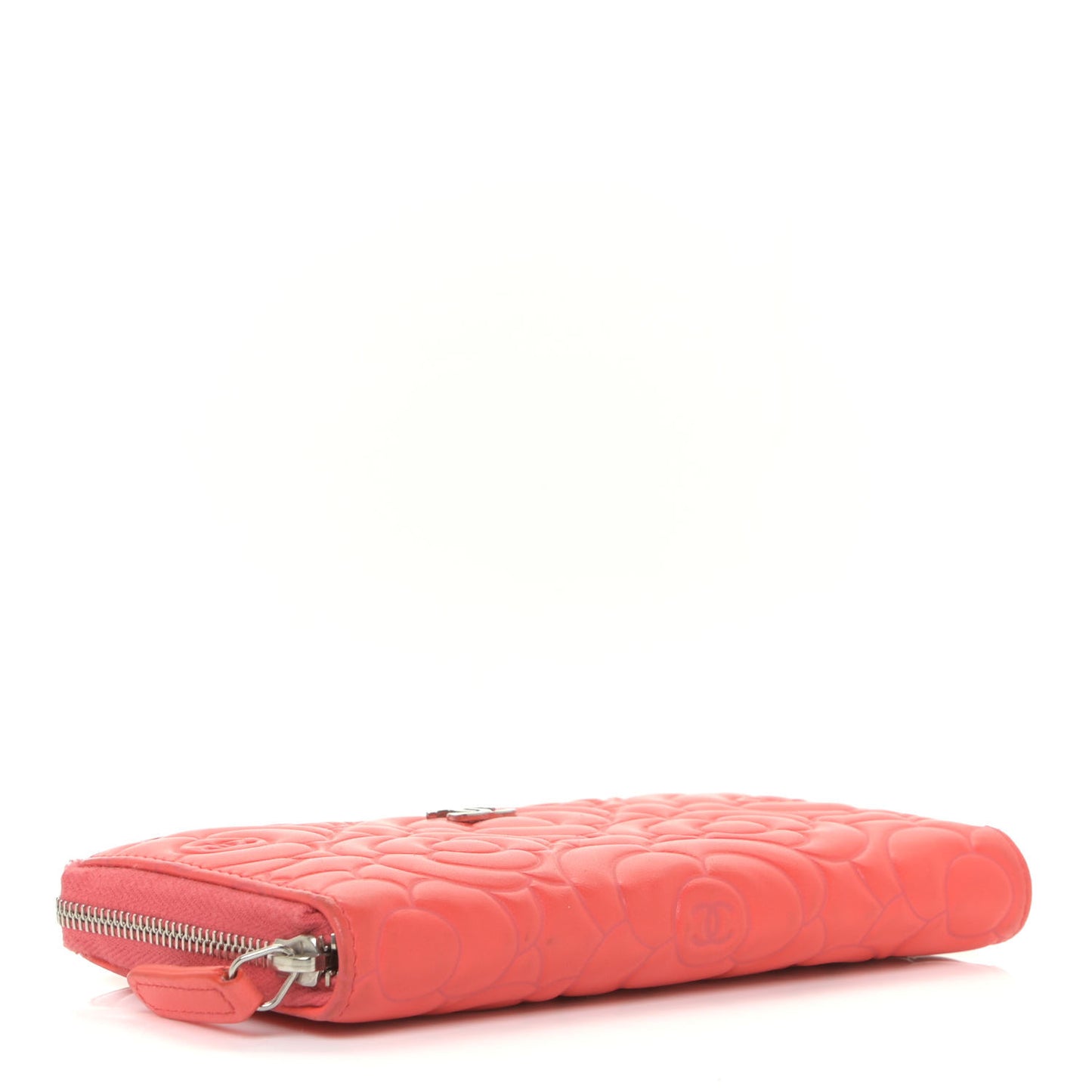 Lambskin Camellia Embossed Small Zip Around Wallet Coral