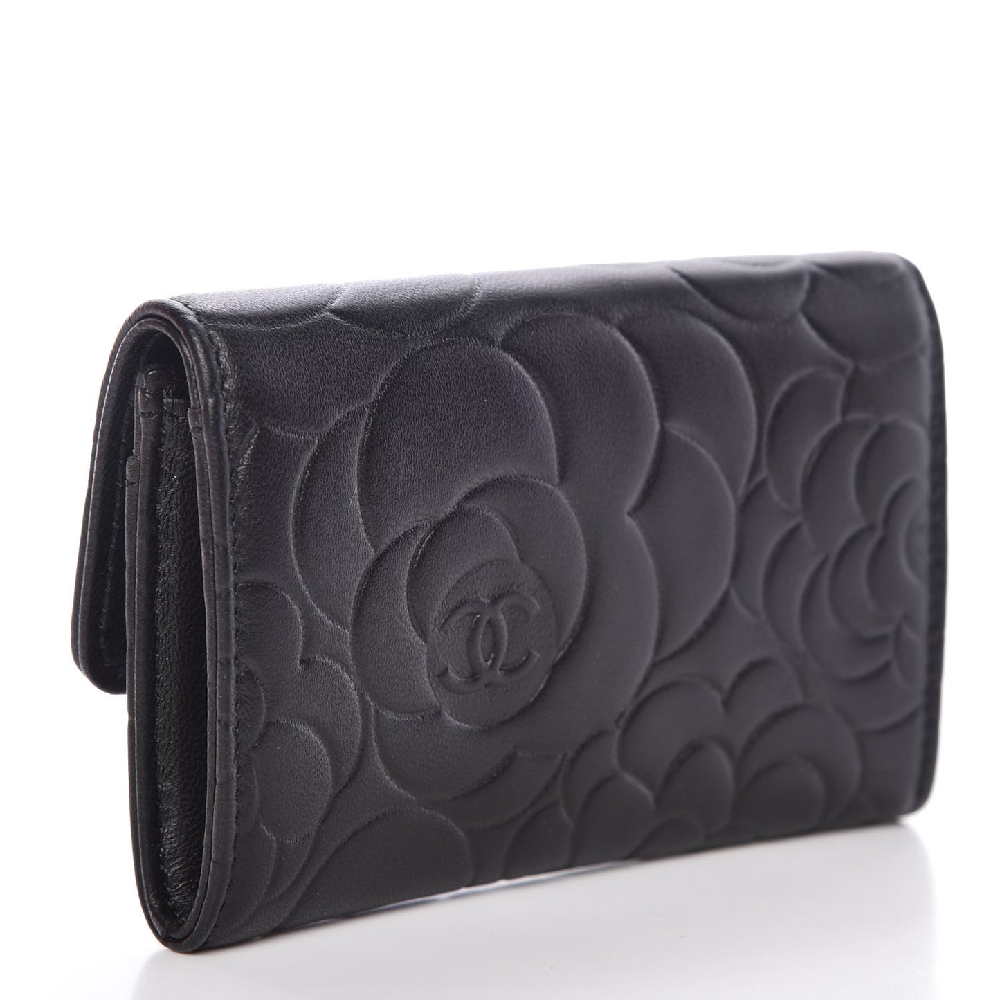 Lambskin Camellia Embossed Card Holder Wallet Black