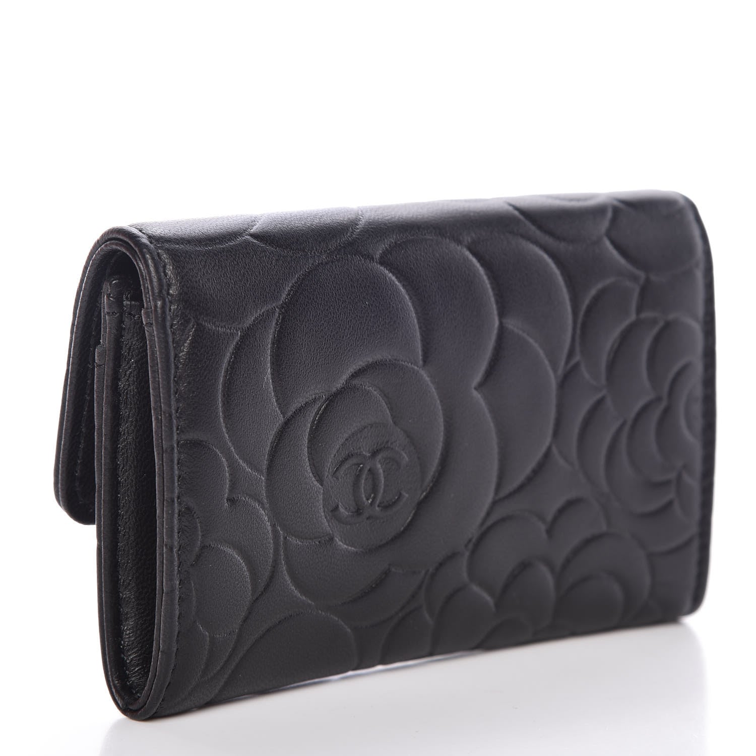 Chanel Lambskin Camellia Embossed Card Holder Wallet Black 3 of 11
