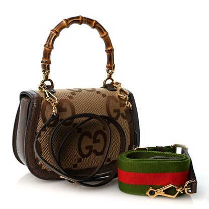 Gucci Monogram Jumbo GG Textured Dollar Calfskin Web Small Bamboo 1947 Top Handle Bag Camel Ebony New Acero 4 of 12