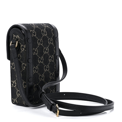 Gucci Jacquard Black Denim GG Monogram Textured Dollar Calfskin Mini Horsebit 1955 Crossbody Bag Black Ivory 3 of 9