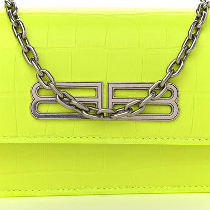 Balenciaga Extra Supple Calfskin Crocodile Embossed Gossip Wallet On Chain Fluo Yellow 7 of 9