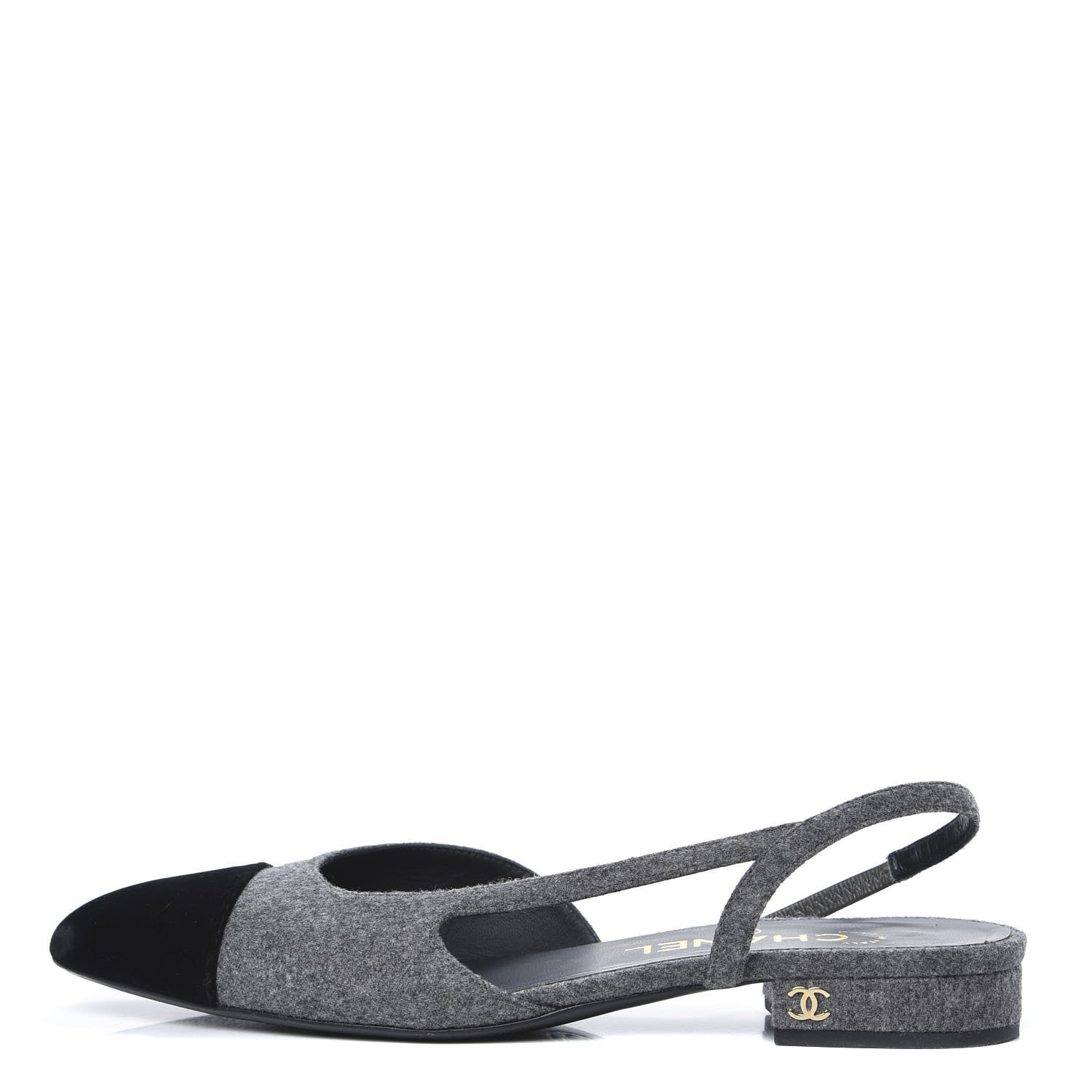 Chanel Wool Velvet Cap Toe CC Slingback Pumps 36.5 Black Grey 1 of 9