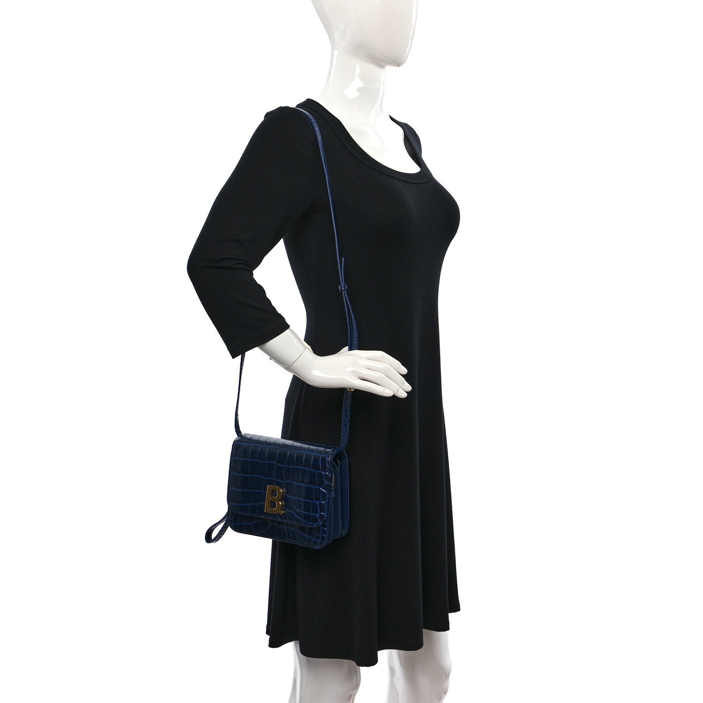 Shiny Calfskin Crocodile Embossed Small B Bag Navy