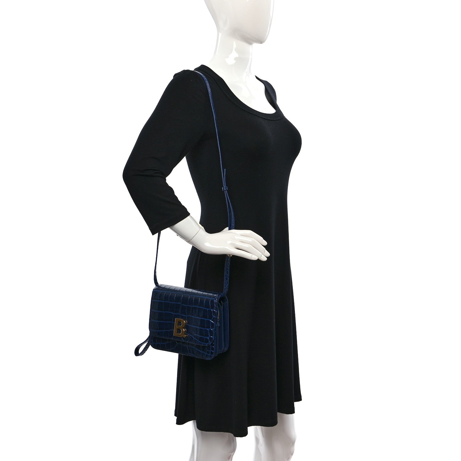 Balenciaga Shiny Calfskin Crocodile Embossed Small B Bag Navy 2 of 8