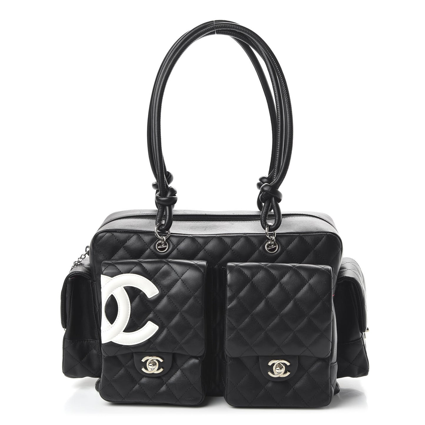 Calfskin Quilted Large Cambon Multipocket Reporter Black White