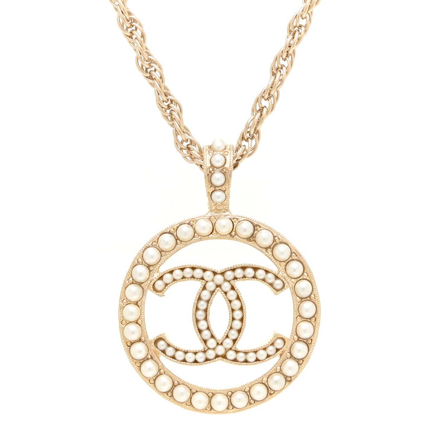 Pearl CC Round Pendant Necklace Gold