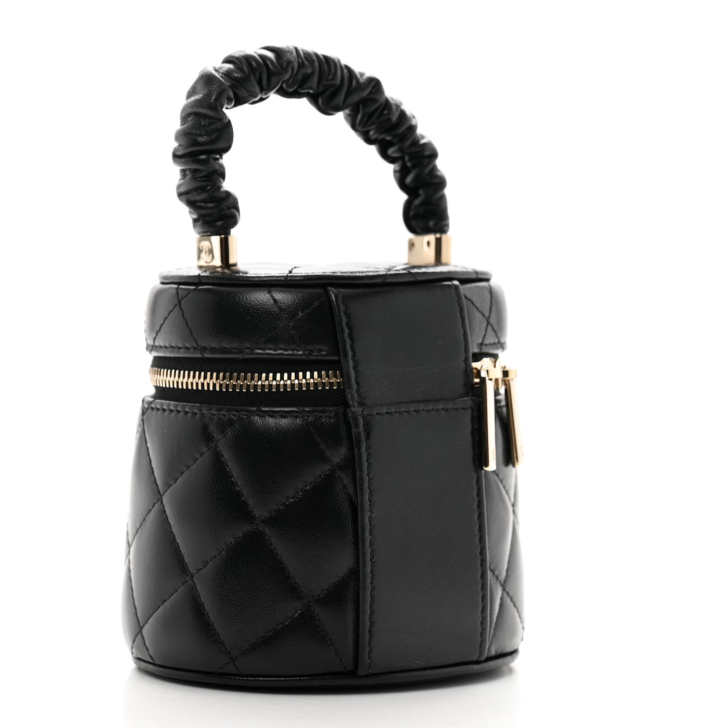 Lambskin Quilted Ruched Handle Vanity Case Black