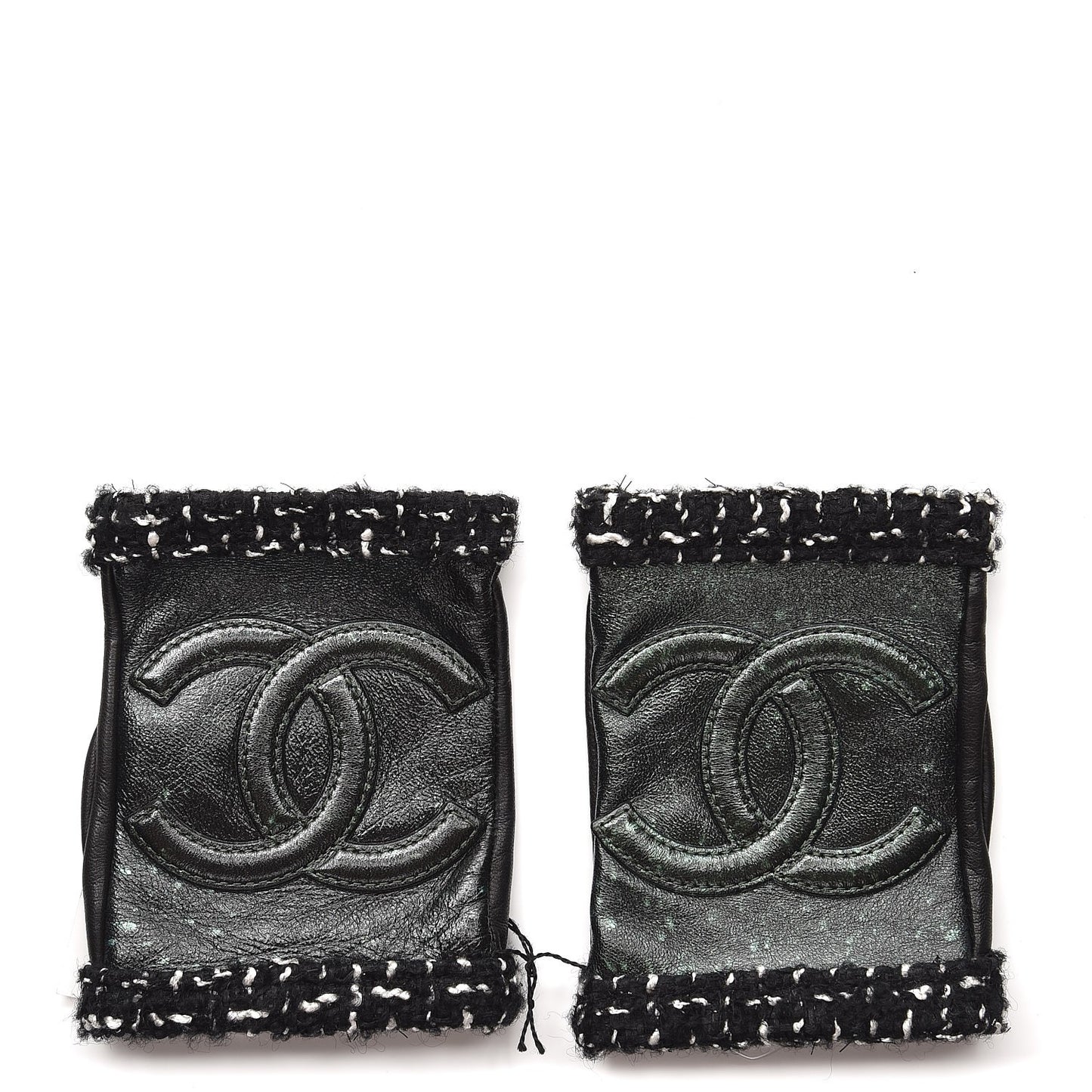 Metallic Lambskin Tweed CC Fingerless Gloves 6.5 Black Green
