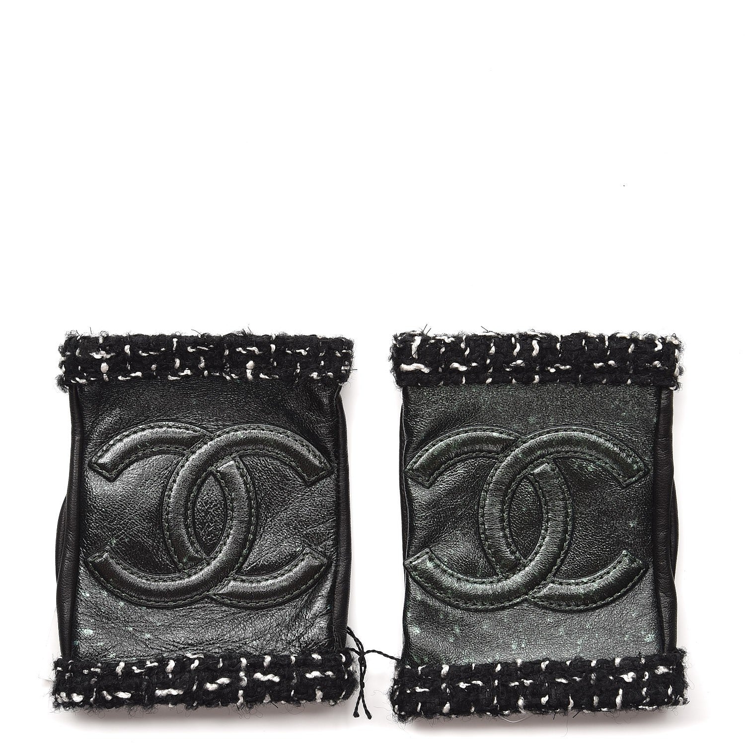 Chanel Metallic Lambskin Tweed CC Fingerless Gloves 6.5 Black Green 1 of 6