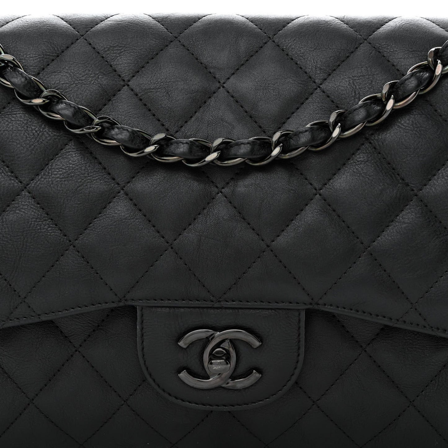 Crumpled Calfskin Quilted Jumbo Double Flap So Black
