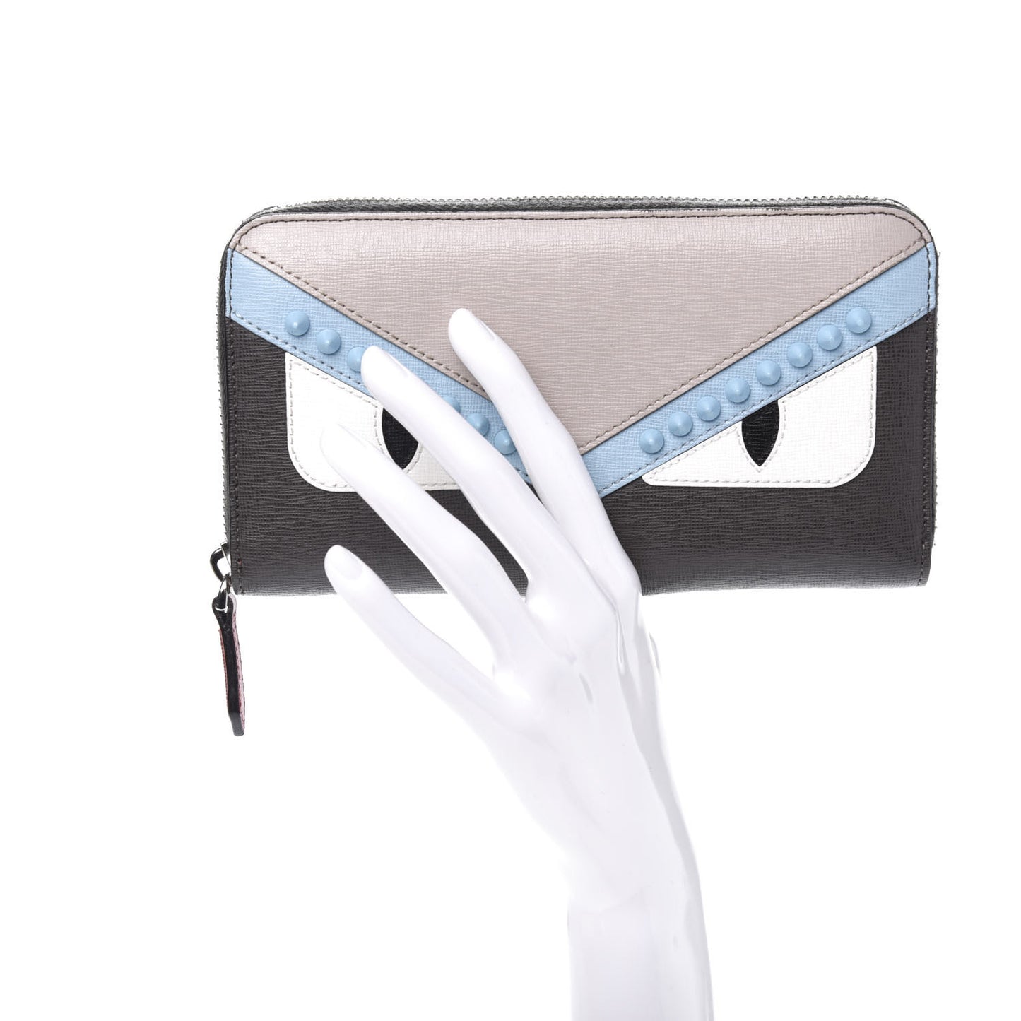 Vitello Elite Monster Eyes Studded Zip Around Wallet Carbone White Multicolor