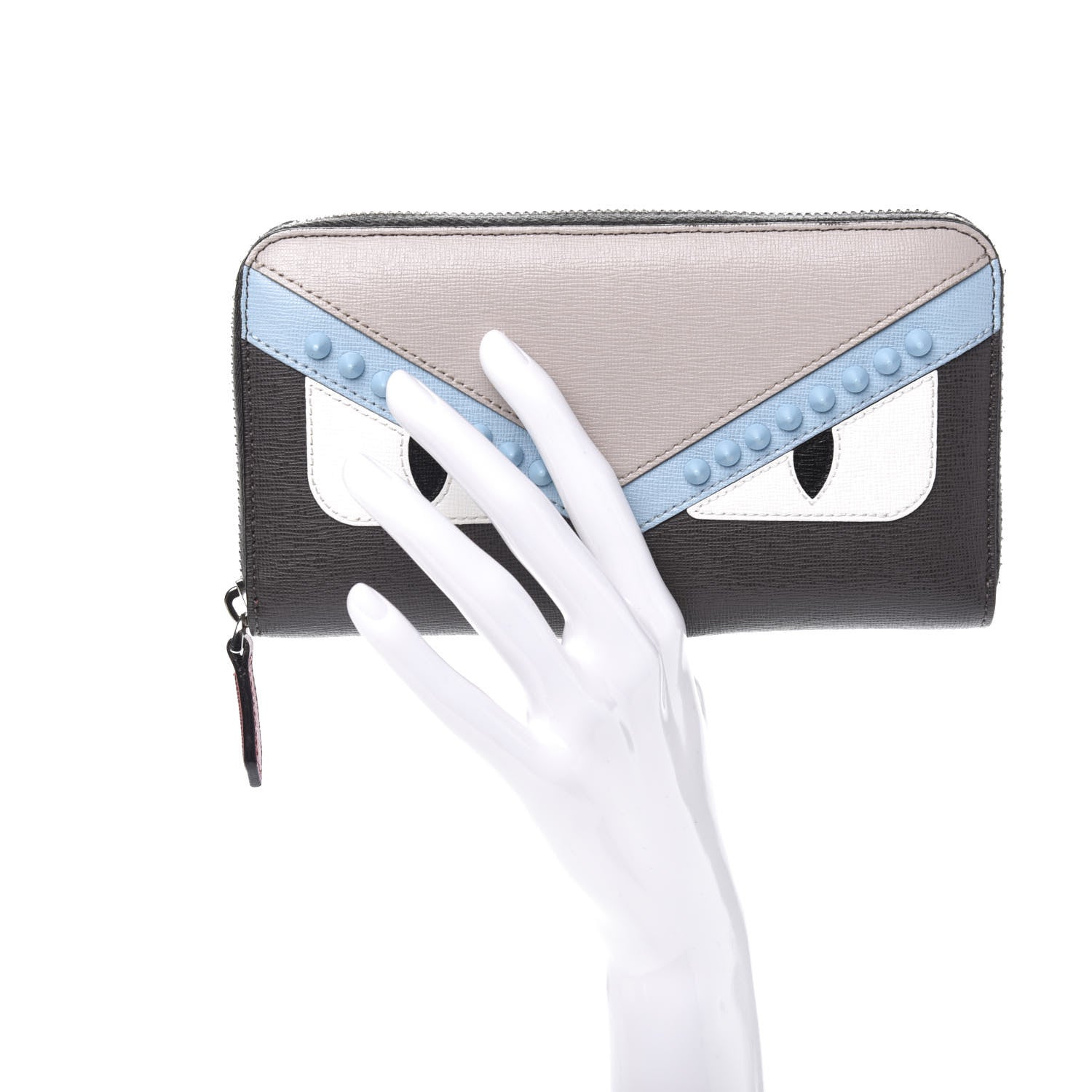Fendi Vitello Elite Monster Eyes Studded Zip Around Wallet Carbone White Multicolor 2 of 11