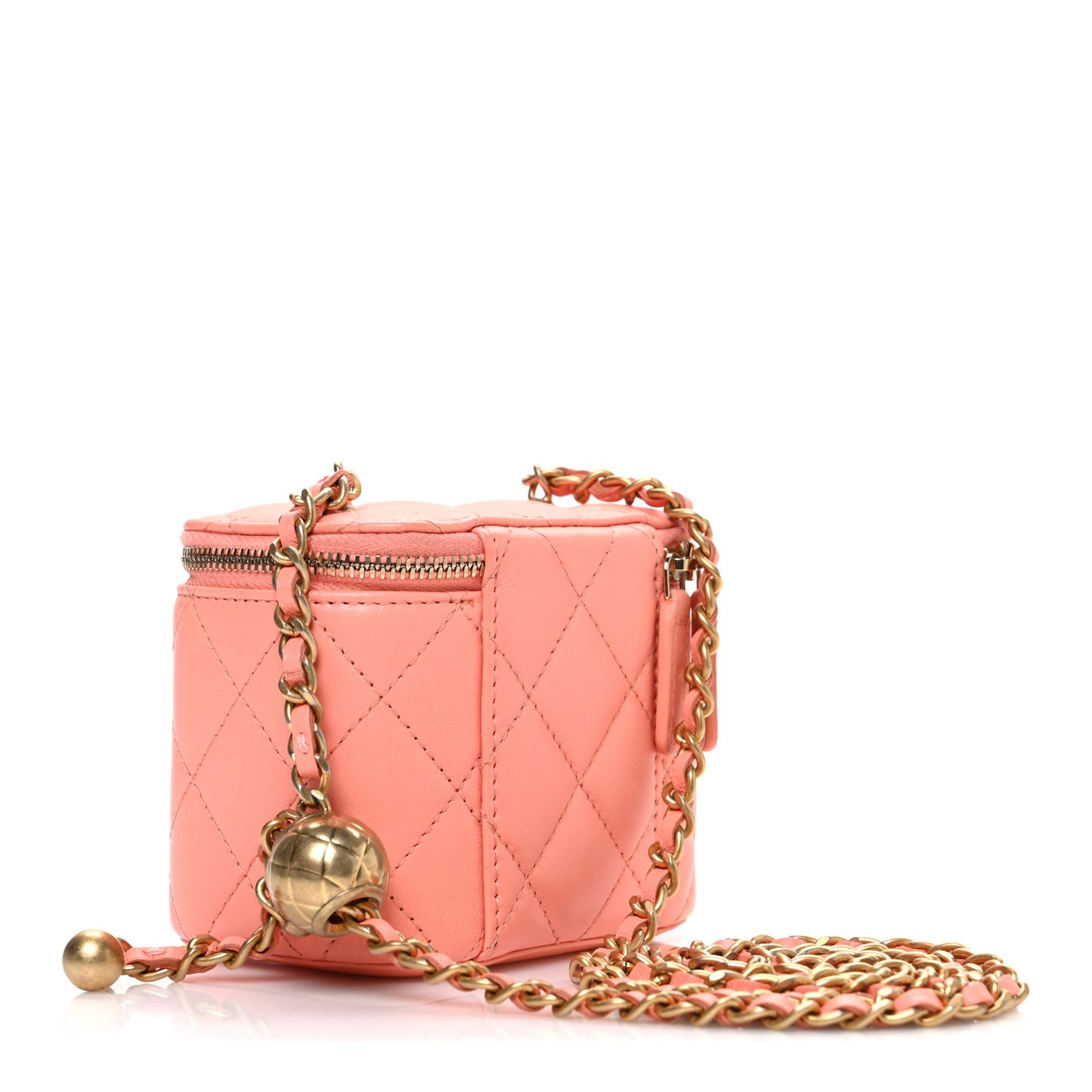 Lambskin Quilted Pearl Crush Mini Vanity Case With Chain Coral