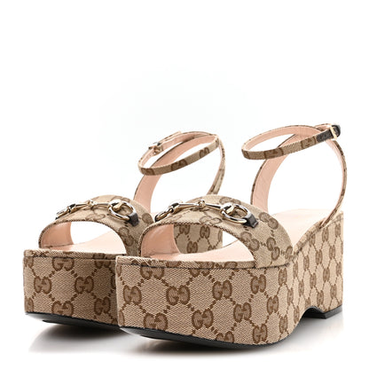 Gucci Monogram Nappa Chalotte Horsebit Ankle Strap 75mm Flatform Sandals 41 Beige Ebony 4 of 8