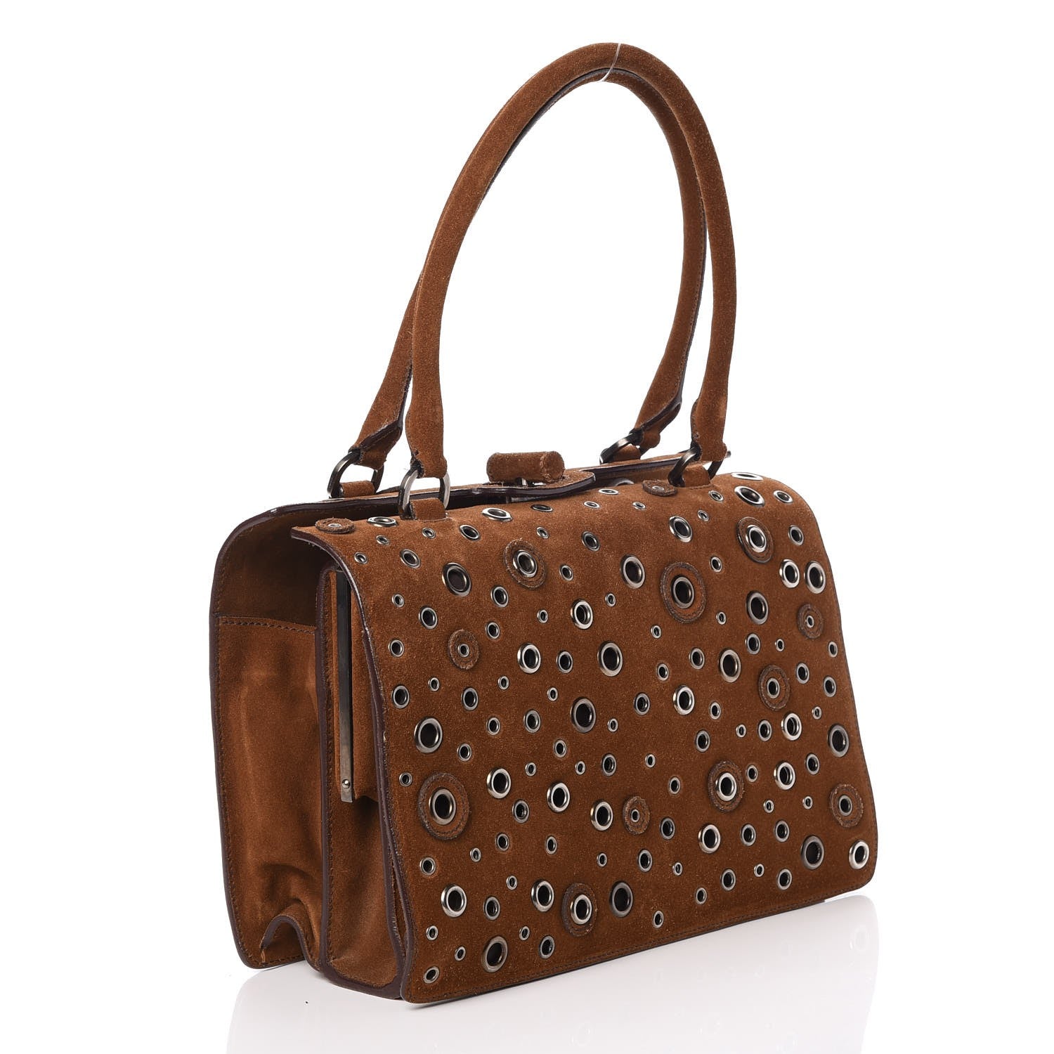 Prada Suede Grommet Frame Satchel Tabacco 3 of 22