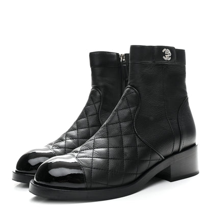 Chanel Calfskin Patent Quilted Cap Toe Short Boots 37.5 Black 8 of 20