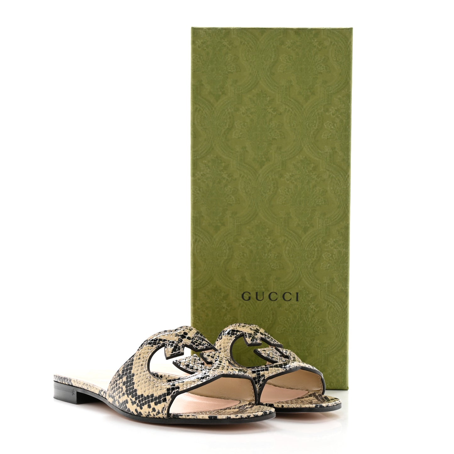 Calfskin Python Print Interlocking G Cut Out Slide Sandals 36.5 Beige Avana