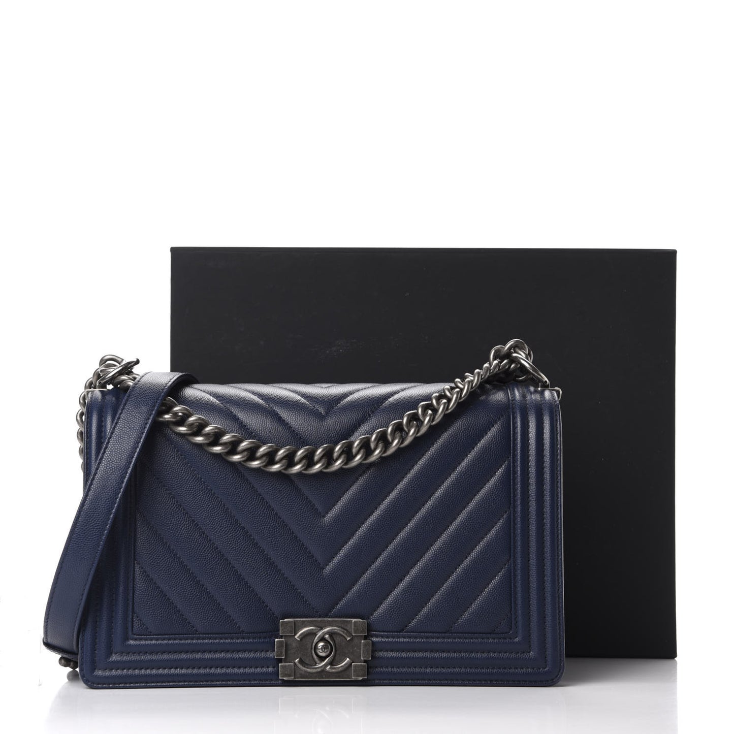 Caviar Chevron Quilted New Medium Boy Flap Dark Navy Blue