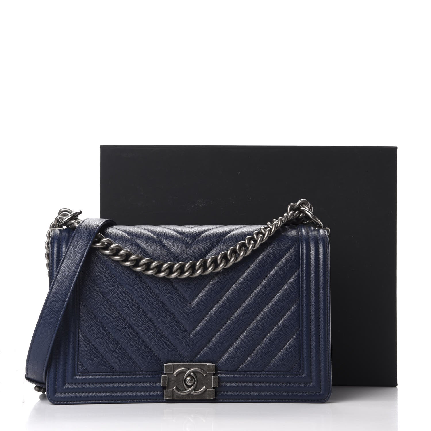Chanel Caviar Chevron Quilted New Medium Boy Flap Dark Navy Blue 13 of 13