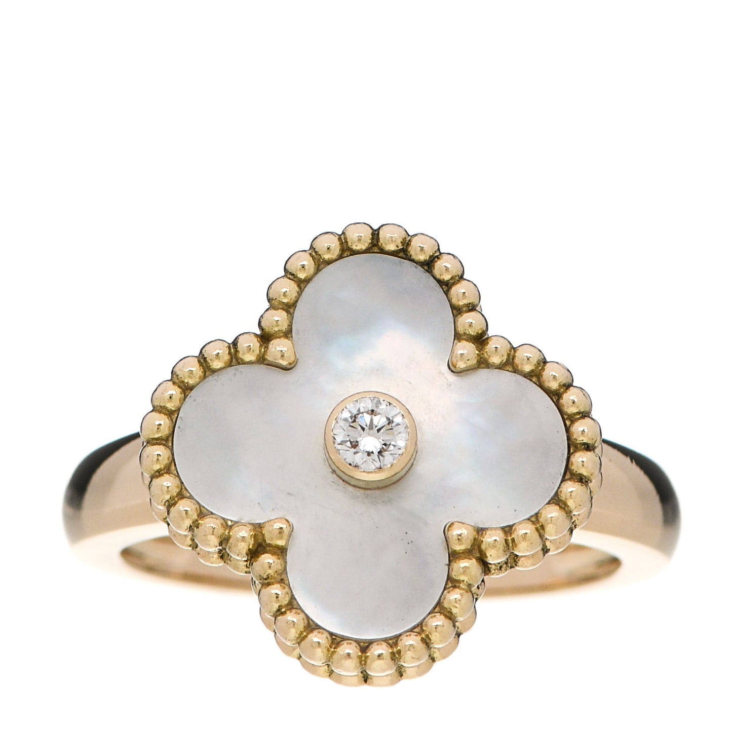 18K Yellow Gold Diamond Mother of Pearl Vintage Alhambra Ring 52 6