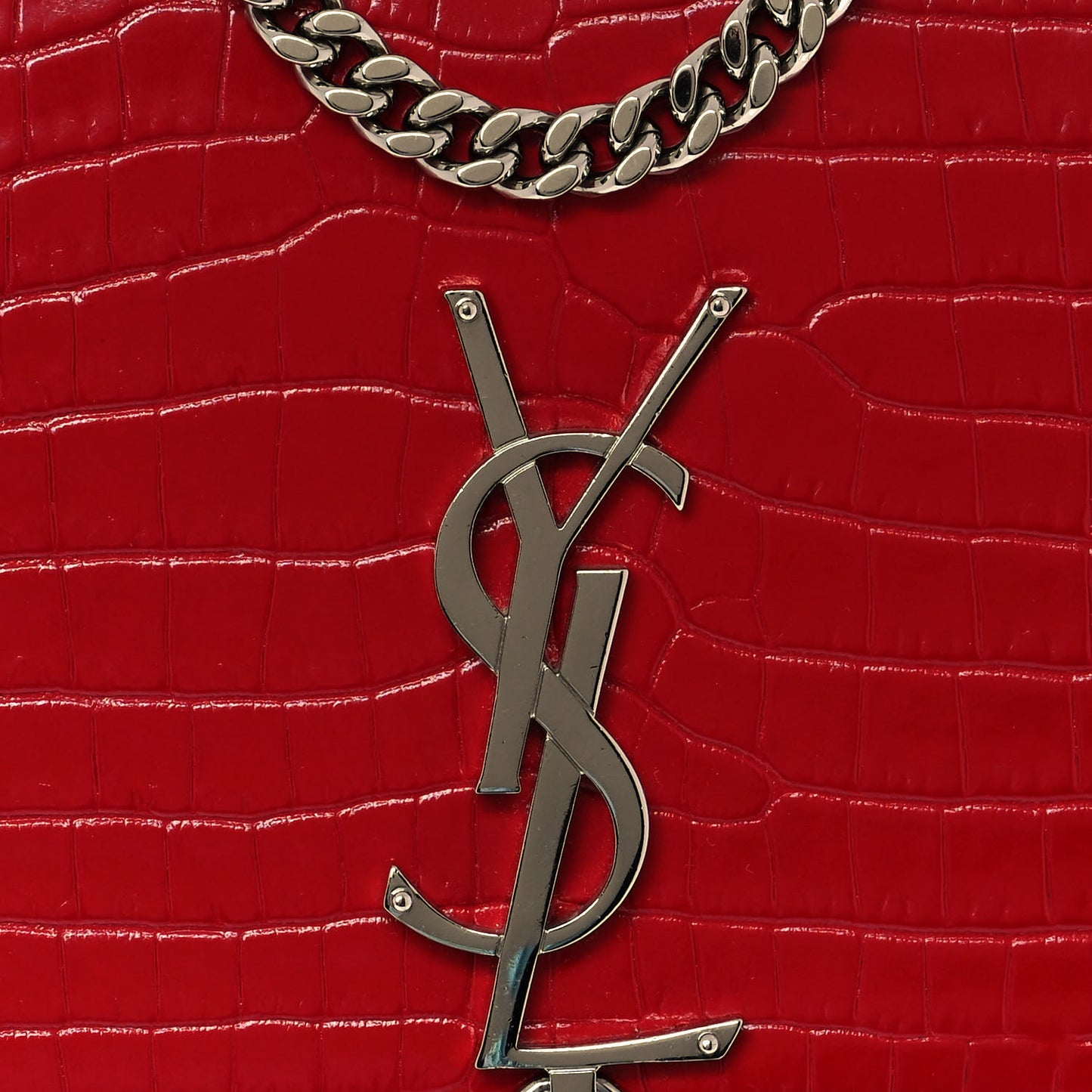 Calfskin Crocodile Embossed Medium Classic Monogram Kate Tassel Satchel Red