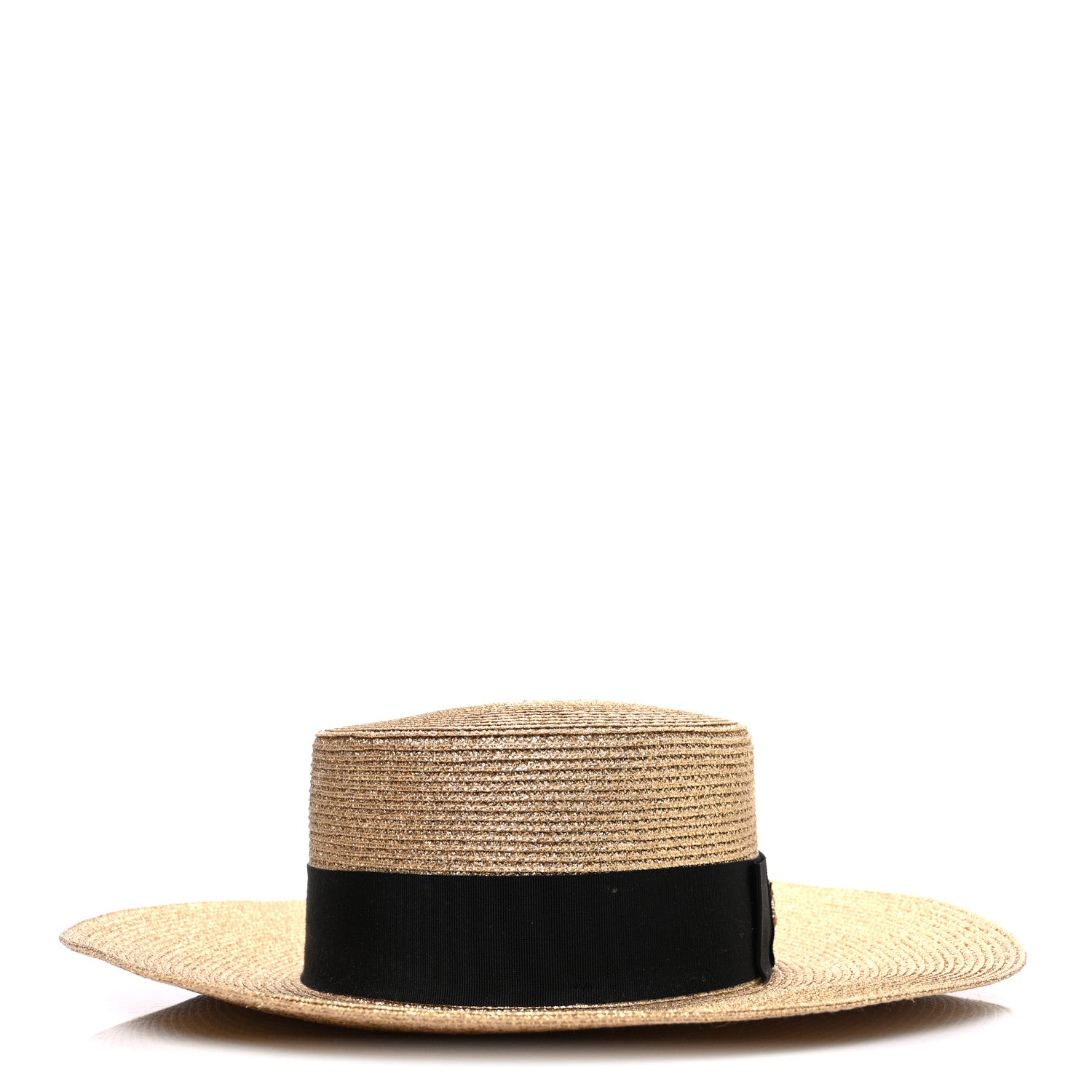 Gucci Glittered Straw Grosgrain Wide Brim Hat M Gold Black 6 of 8