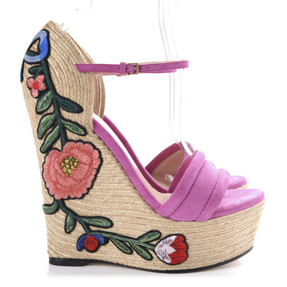 Gucci Kid Scamosciato Ophelia Espadrille Platform Wedge Sandals 37 Rododendro 4 of 10