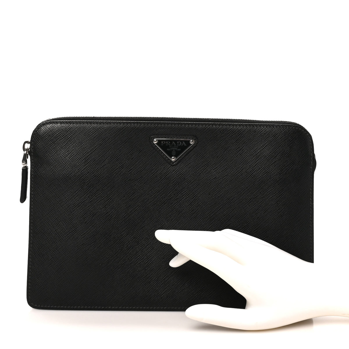 Prada Saffiano Travel Metal Triangle Logo Slip Handle Wristlet Pouch Black 2 of 7