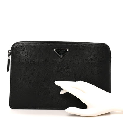 Prada Saffiano Travel Metal Triangle Logo Slip Handle Wristlet Pouch Black 2 of 7