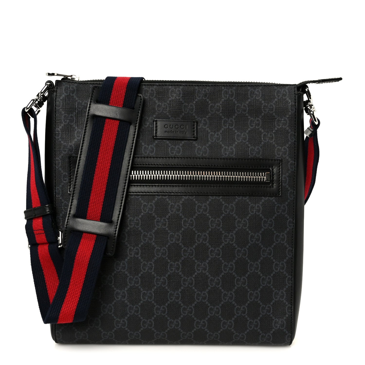 Gucci GG Supreme Monogram Appia Calfskin Web Flat Messenger Bag Black Grey 1 of 11