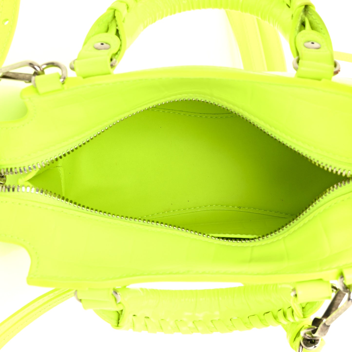 Semi Shiny Calfskin Crocodile Embossed Neo Classic Silver Hardware Mini City Fluo Yellow