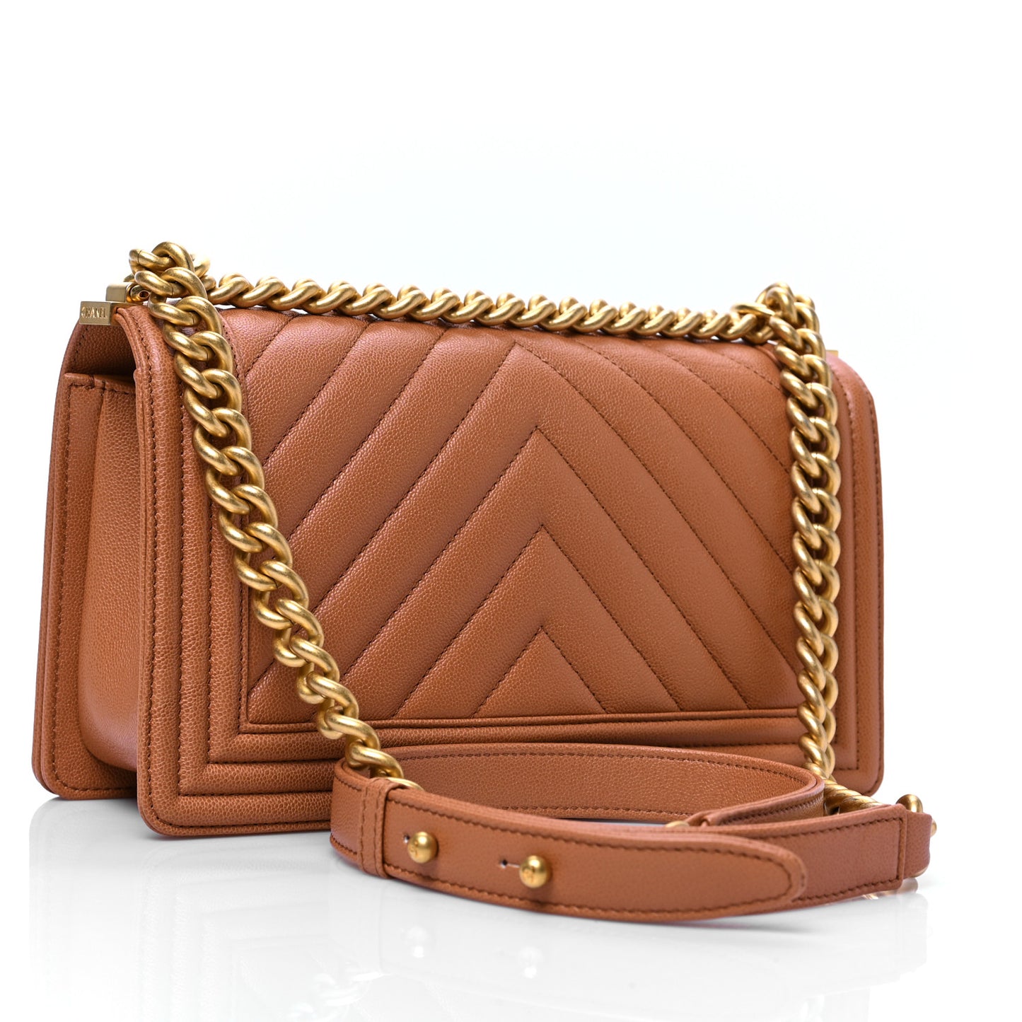 Caviar Chevron Quilted Medium Boy Flap Brown