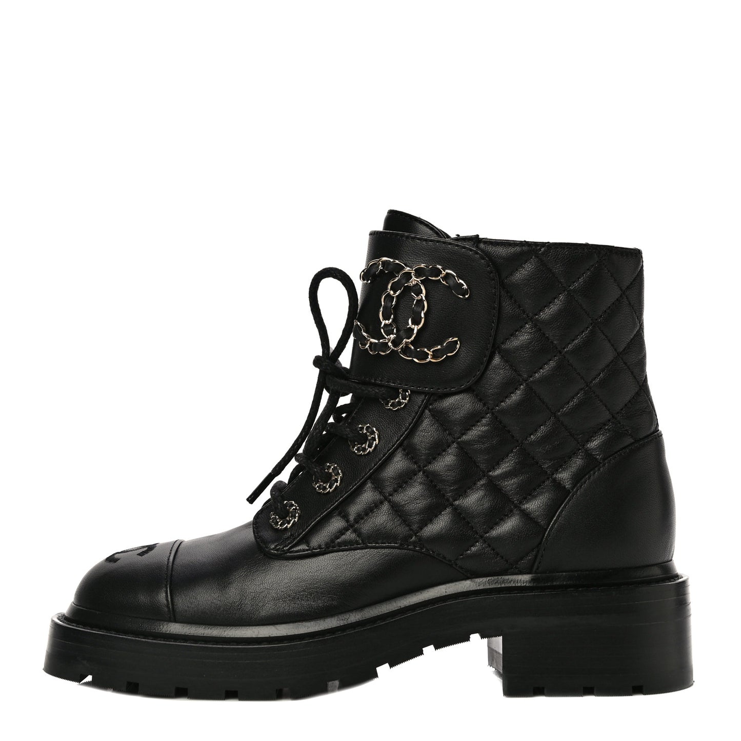 Shiny Lambskin Quilted Lace Up Combat Boots 36 Black