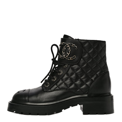Chanel Shiny Lambskin Quilted Lace Up Combat Boots 36 Black 1 of 14