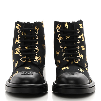 Chanel Lambskin Shearling Canvas CC Lace Up Boots 37.5 Black Gold 2 of 13