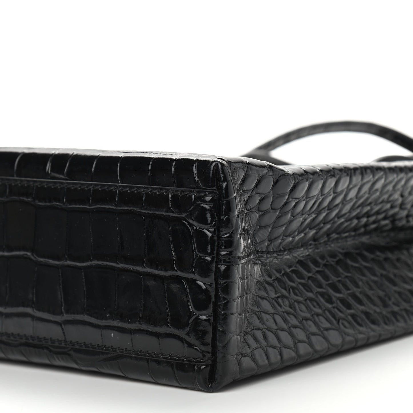 Shiny Calfskin Logo Crocodile Embossed North South Shopper Tote XXS Black White
