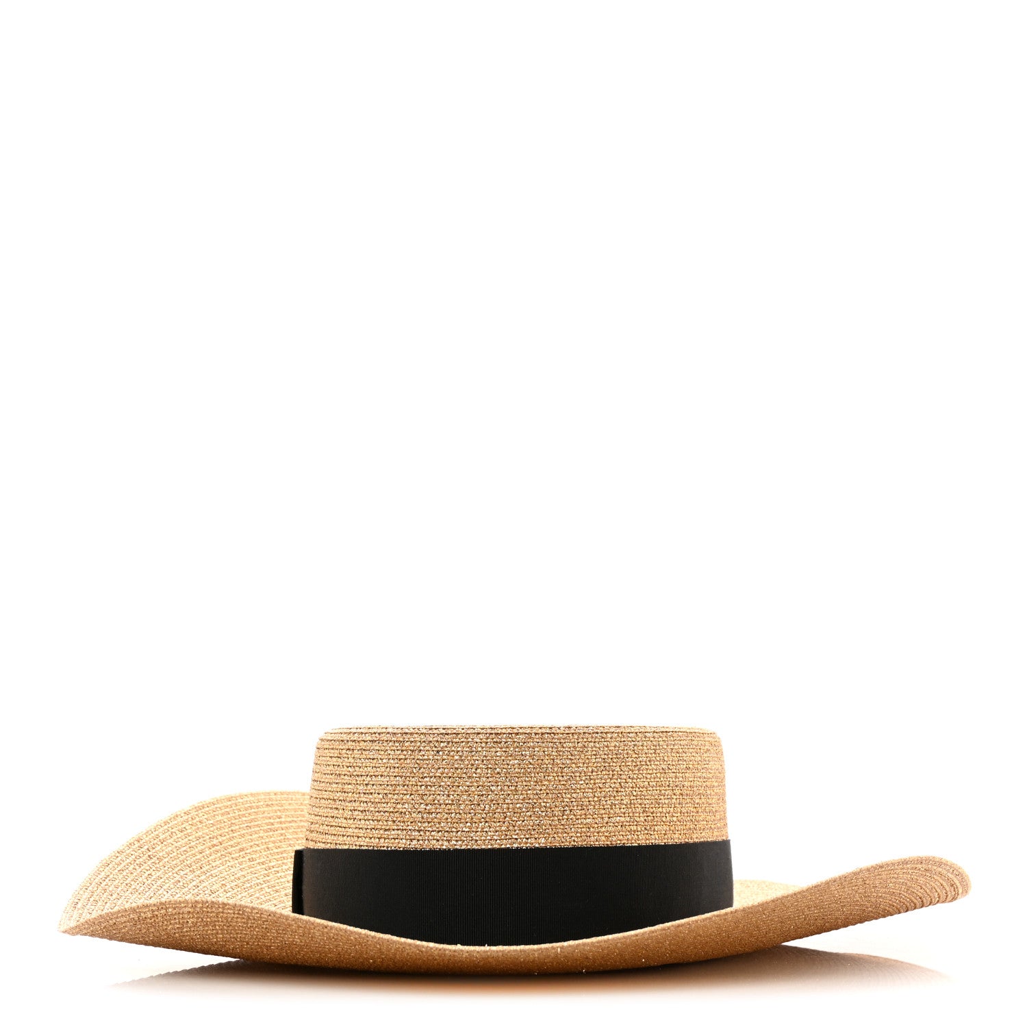 Gucci Glittered Straw Grosgrain Wide Brim Hat S Gold Black 1 of 10