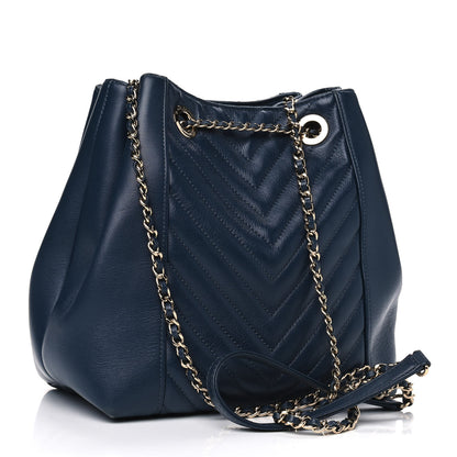 Chanel Calfskin Quilted Daily Chevron Drawstring Bag Blue 2 of 9